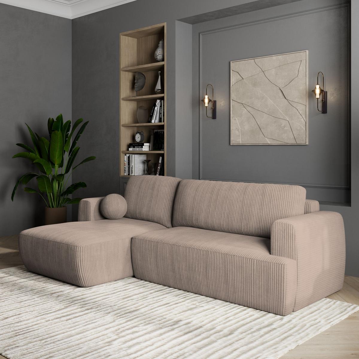 ECKSOFA SENTI P L-S Beige Kordstoff mit Schlaffunktion - Beige/Schwarz, Holz/Kunststoff (246/148cm) - MASSENO