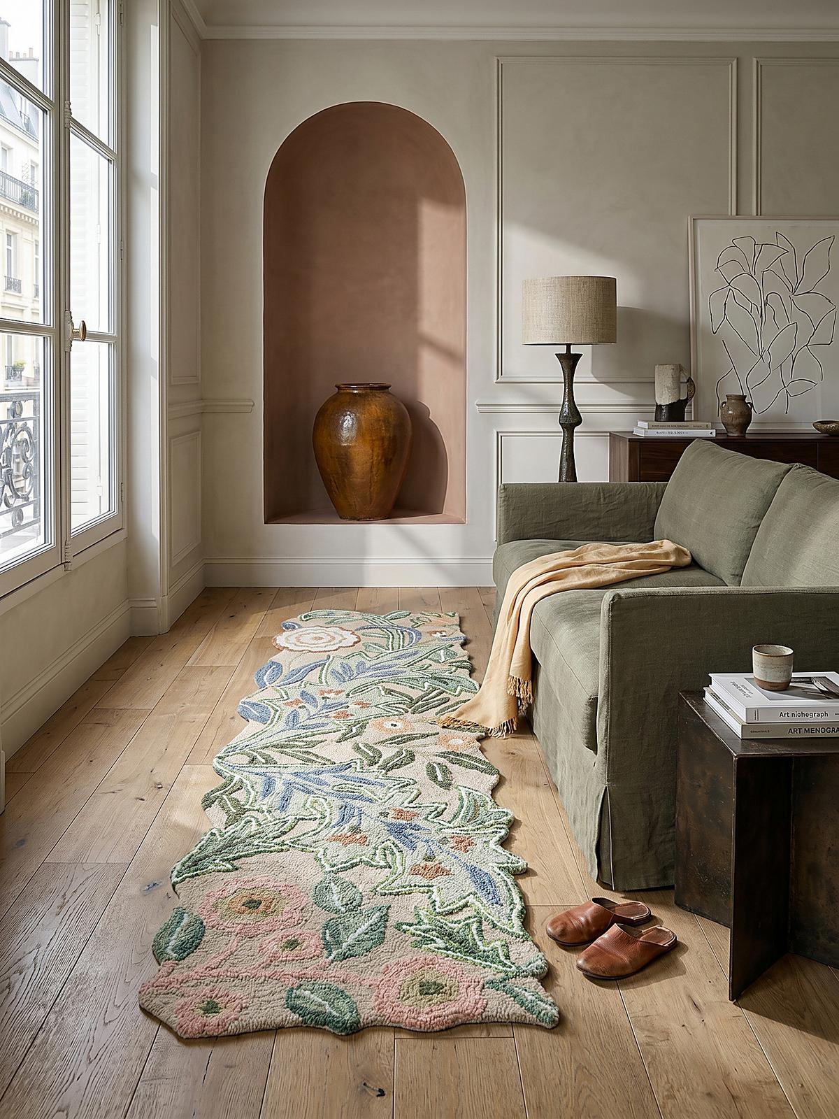 WOLLTEPPICH CHAR, floral, Grün, 60 x 230 cm - Grün, Textil (230/60cm) - KADIMA DESIGN