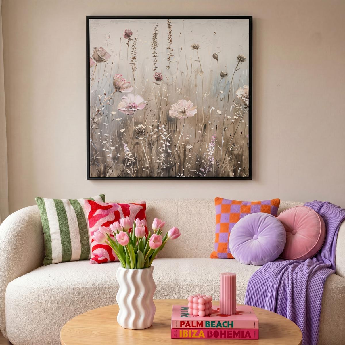 LEINWAND Bilder mit Rahmen - Blumen - Rosa - Modern - Beige - 90x90 - Beige, Textil (90/90cm) - MuchoWow