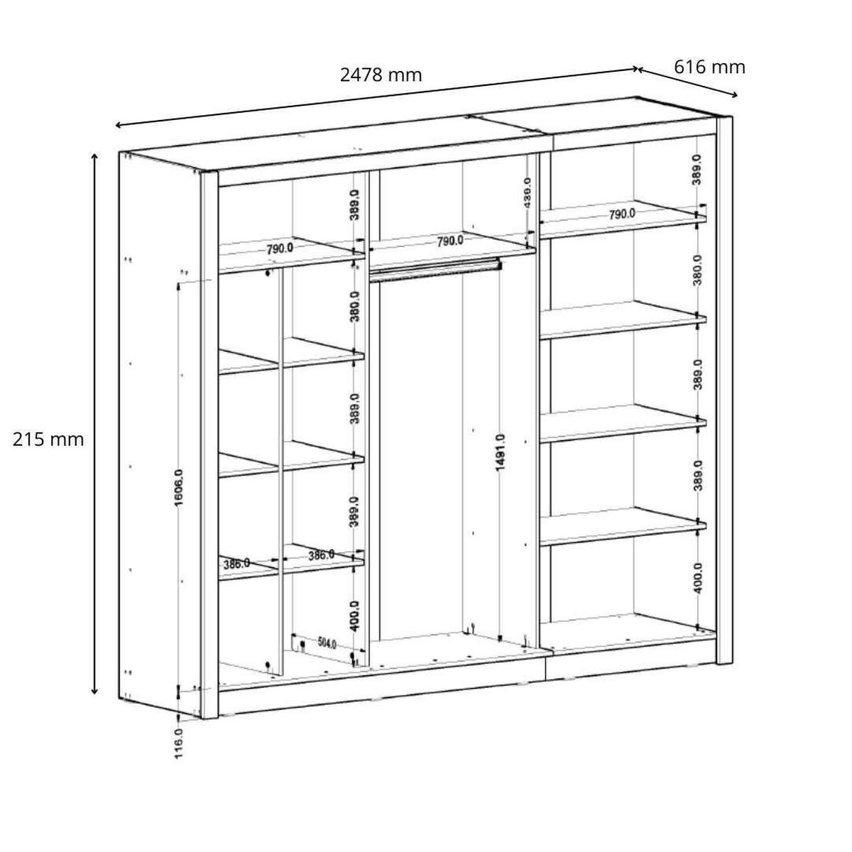 SCHWEBETÜRENSCHRANK FRISKA 247,8/215/61,6cm 3-türig mit Spiegel Grau - Grau, Holzwerkstoff (247.8/215/61.6cm) - MASSENO