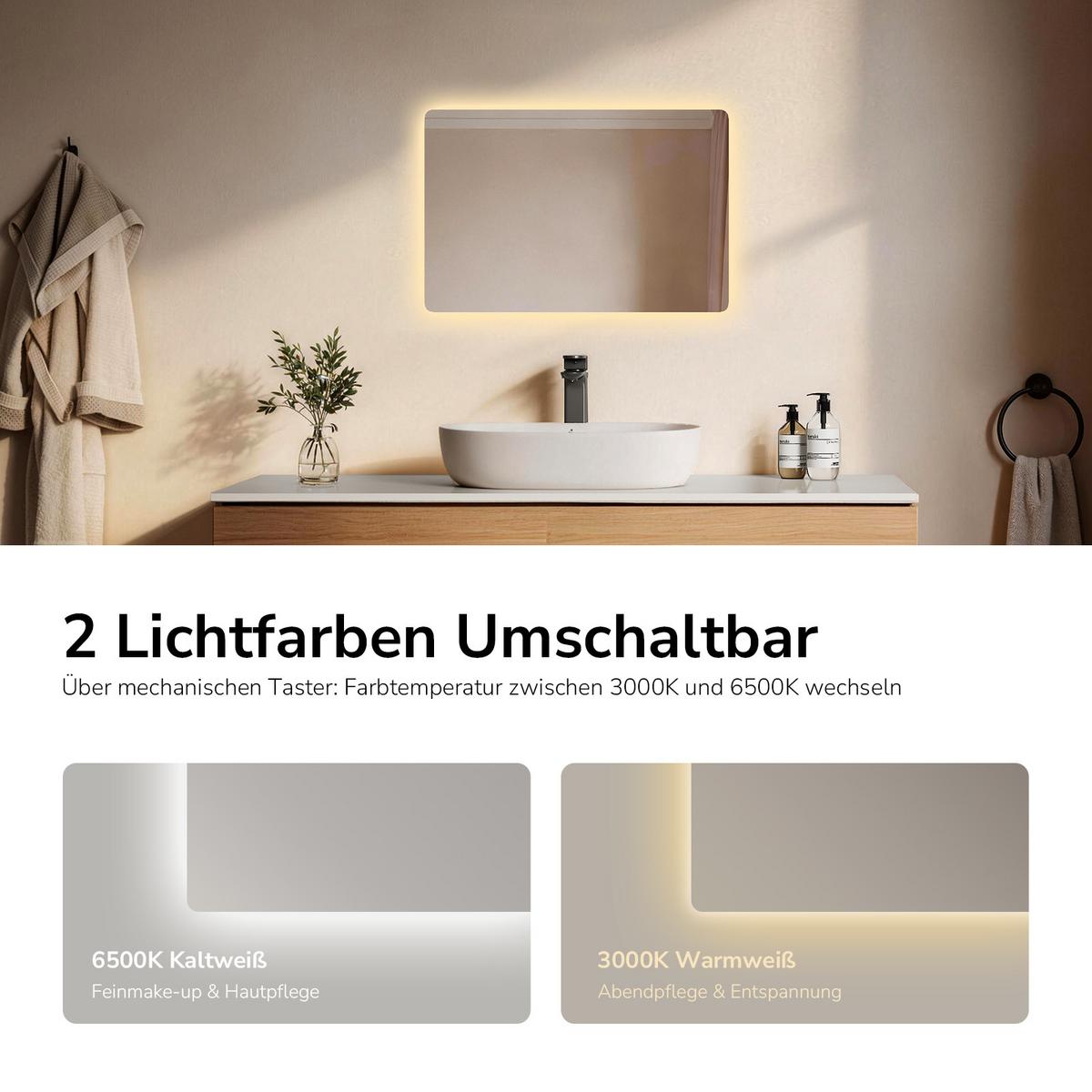 BADSPIEGEL LED abgerundet Kaltweiß/Warmweiß Wippschalter seitlich 60/40 cm - Transparent, Glas (60/40/3.6cm) - EMKE