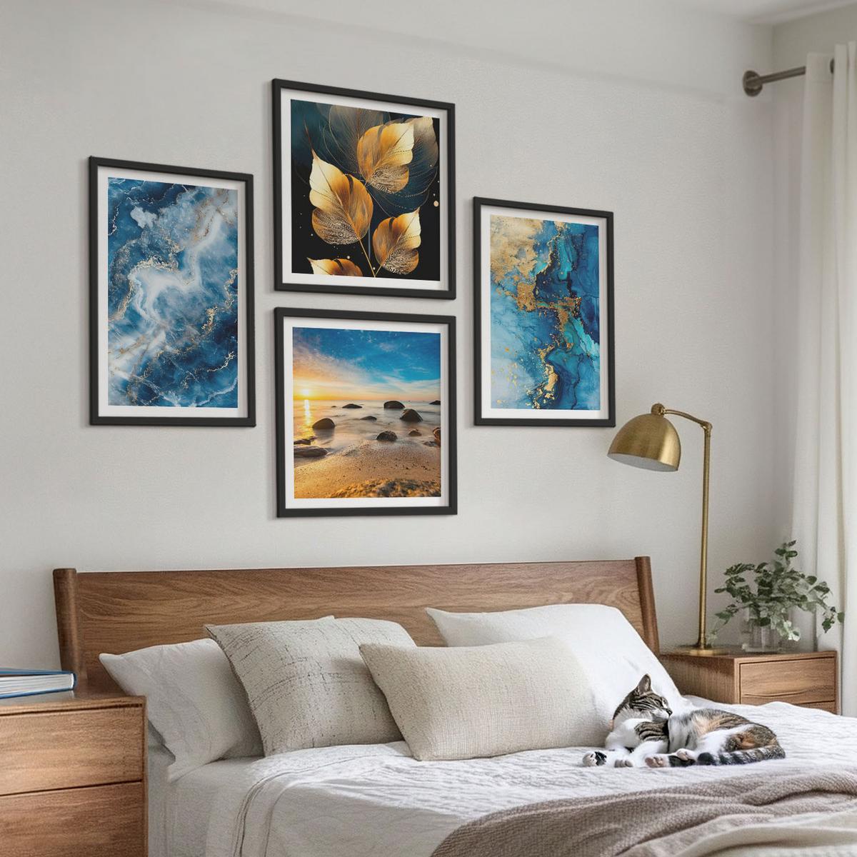 BILDER SET 4er Set - 50x50 cm & 40x60 cm Schwarzer Rahmen - Bilder mit blau-goldenen Mustern - Schwarz, Kunststoff (50/50cm) - TULUP