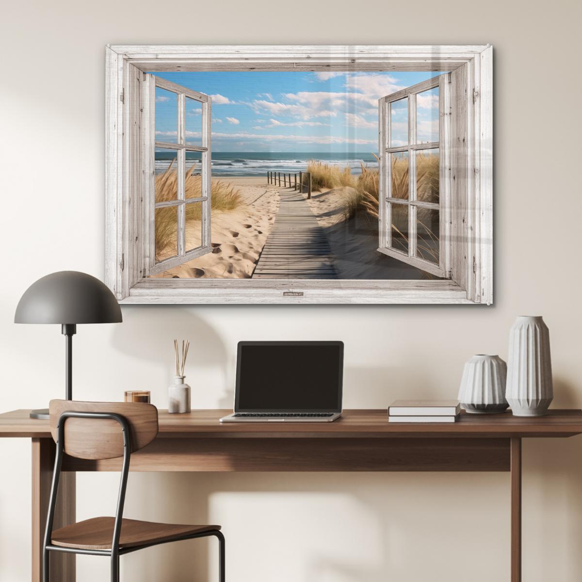ACRYLGLASBILD Fenster - Meer - Küste - Natur - Ausblick - Strand - Wattenmeer Wandbild Schlafzimmer 120x80 cm - Beige, Glas (120/80cm) - MuchoWow
