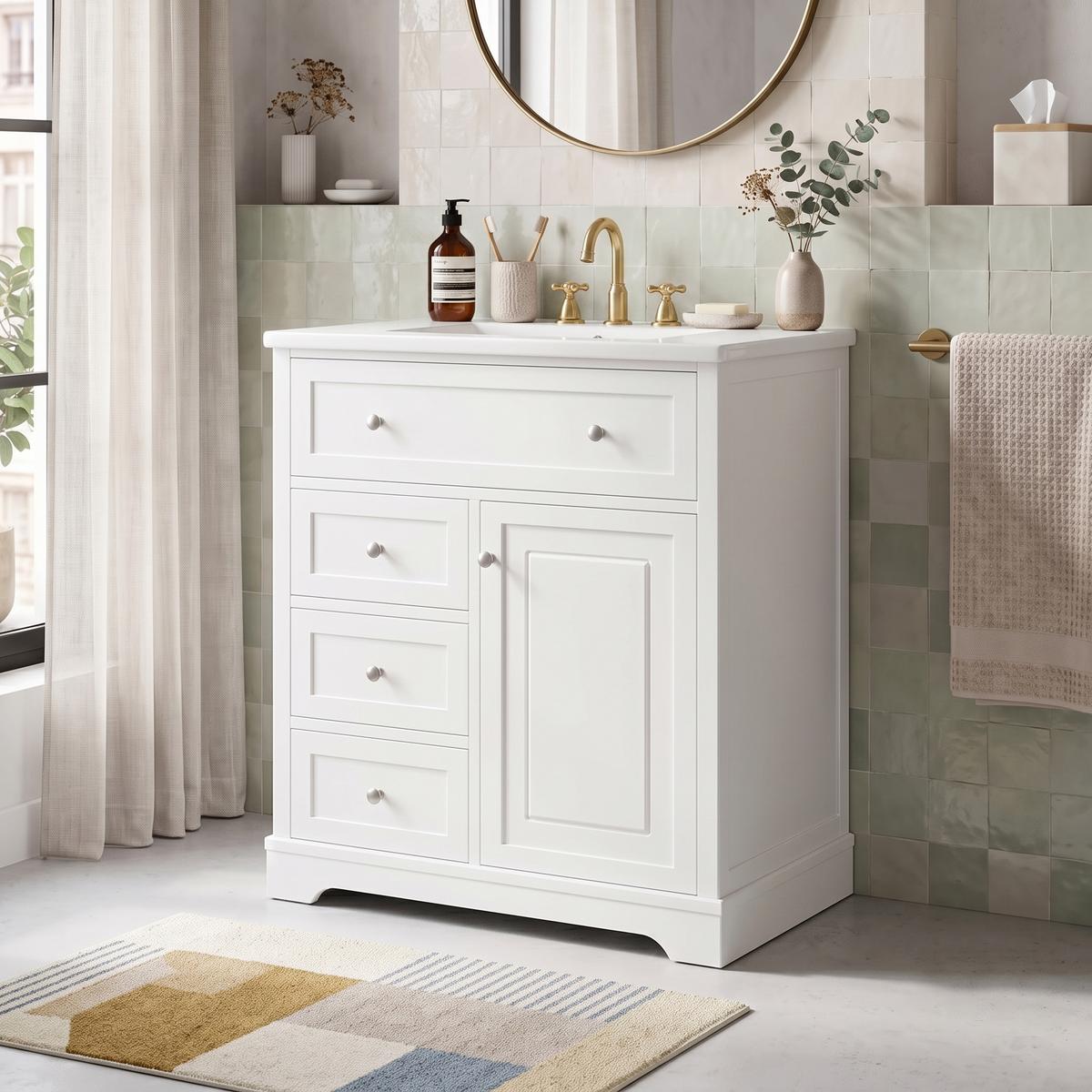 WASCHTISCH mit Unterschrank Weiß 76cm Standschrank mit Keramikbecken & 4 Schubladen - Weiß, Holzwerkstoff (76/87/46cm) - Urban Meuble