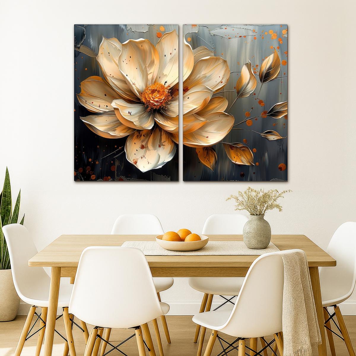 LEINWANDBILD 2er Set Blume - Gold - Abstrakt - Farbe 120x90 cm - Creme, Textil (120/90cm) - MuchoWow