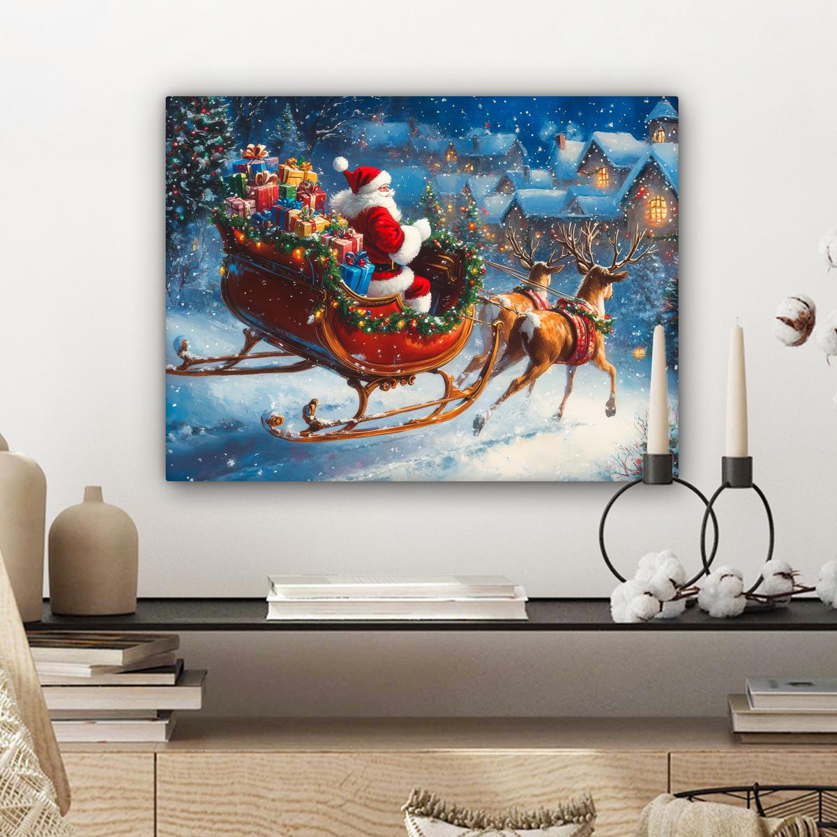 LEINWANDBILD Weihnachtsmann - Rentier - Weihnachten - Schnee Wandbild 40x30 cm - Cognac, Textil (40/30cm) - MuchoWow
