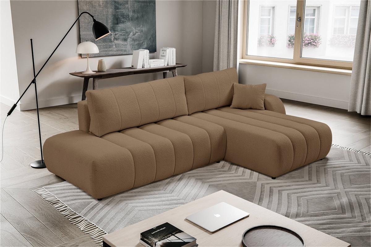 ECKSOFA GIOIA R-S Braun Boucle-Stoff mit Schlaffunktion - Braun, Holz (276/176cm) - MASSENO