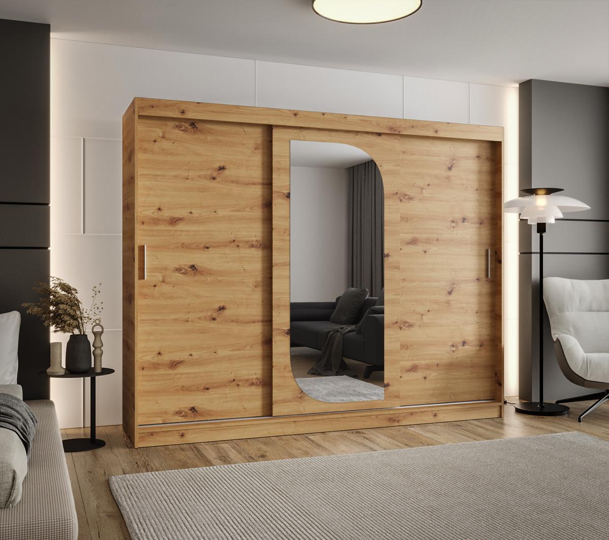 SCHIEBETÜRENSCHRANK mit Spiegel LUCY 200/250/62 3-türig - Silberfarben/Eiche Artisan, Holz (250/200/62cm) - MÖBEL KRYSPOL
