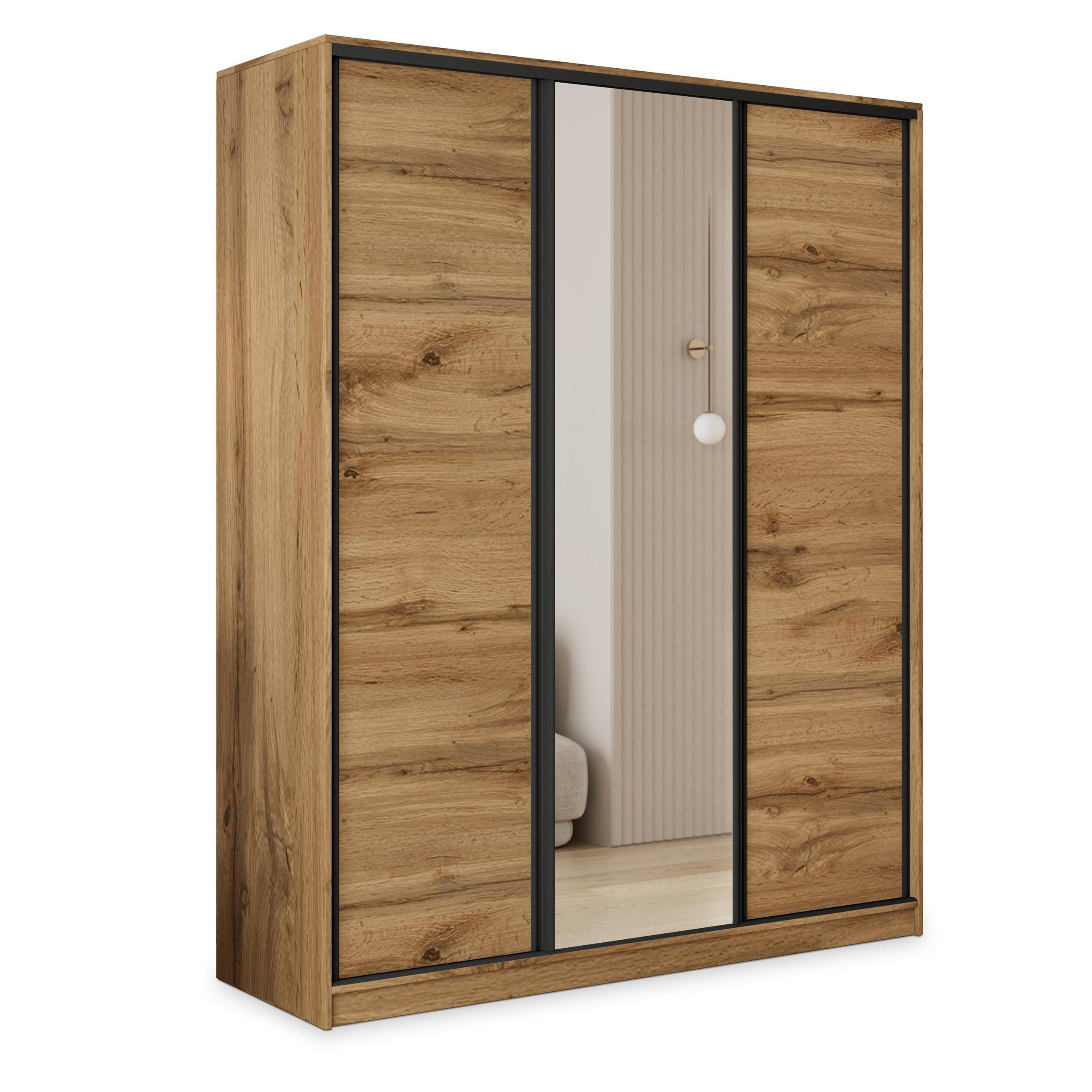 SCHWEBETÜRENSCHRANK TARI 150/205/58 cm 3-türig mit Spiegel und Schubladen Eiche Wotan - Eiche Wotan/Schwarz, Holzwerkstoff (150/205/58cm) - MASSENO