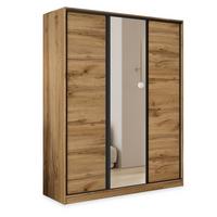 SCHWEBETÜRENSCHRANK TARI 150/205/58 cm 3-türig mit Spiegel und Schubladen Eiche Wotan - Eiche Wotan/Schwarz, Holzwerkstoff (150/205/58cm) - MASSENO