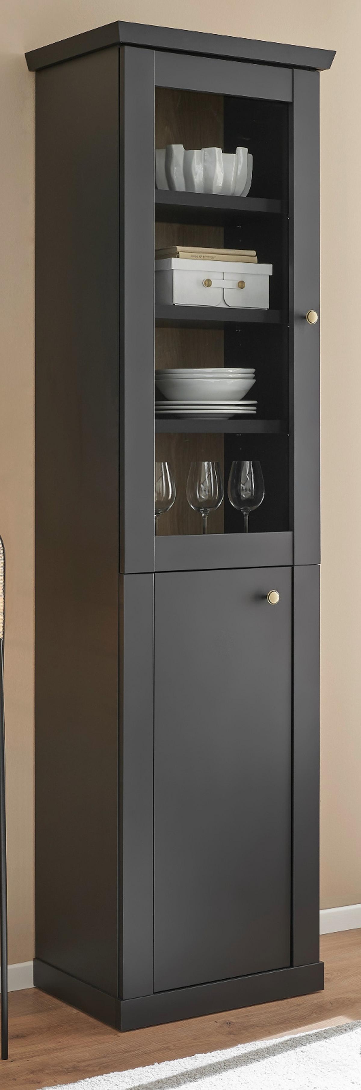 VITRINE schwarz matt, Eiche 55 cm, Vitrinenschrak Landhaus mit Soft-Close - Eichefarben/Messingfarben, Glas/Holzwerkstoff (55/200/39cm) - Furn.Design