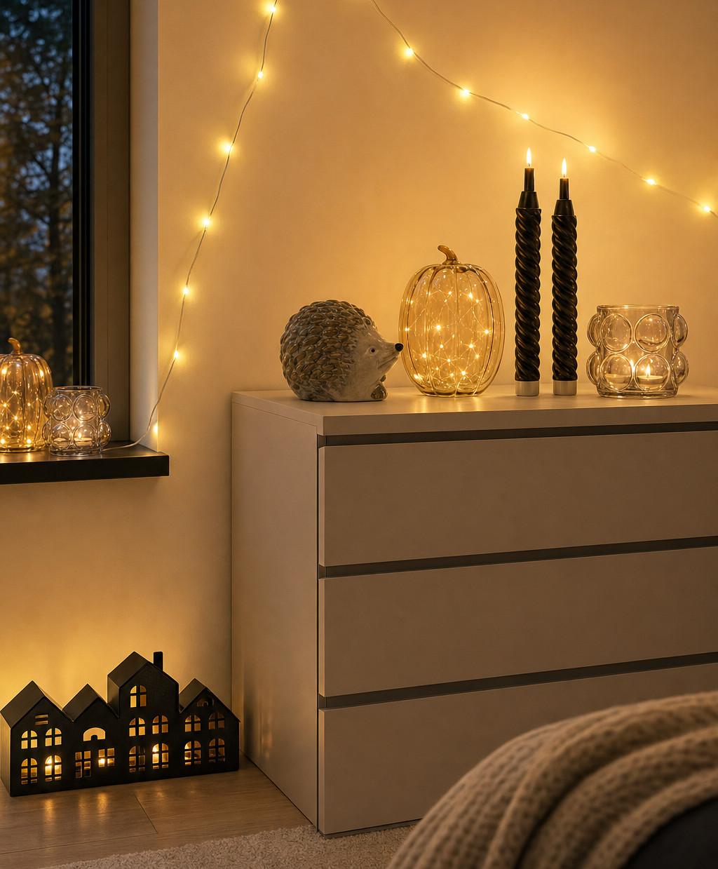 Halloween hangulatú, cosy szobasarok koraesti fényekben: egy komódon kerámia süni, világító borostyánszínű üvegtök, két fekete csavart gyertya.