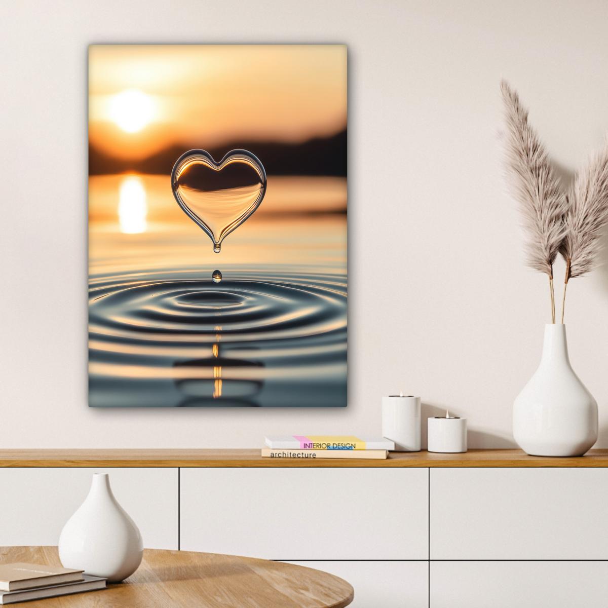 LEINWANDBILD Herz - Wasser - Sonnenuntergang - Natur - Zen Wandbild Wohnzimmer 60x80 cm - Bernsteinfarben, Textil (60/80cm) - MuchoWow