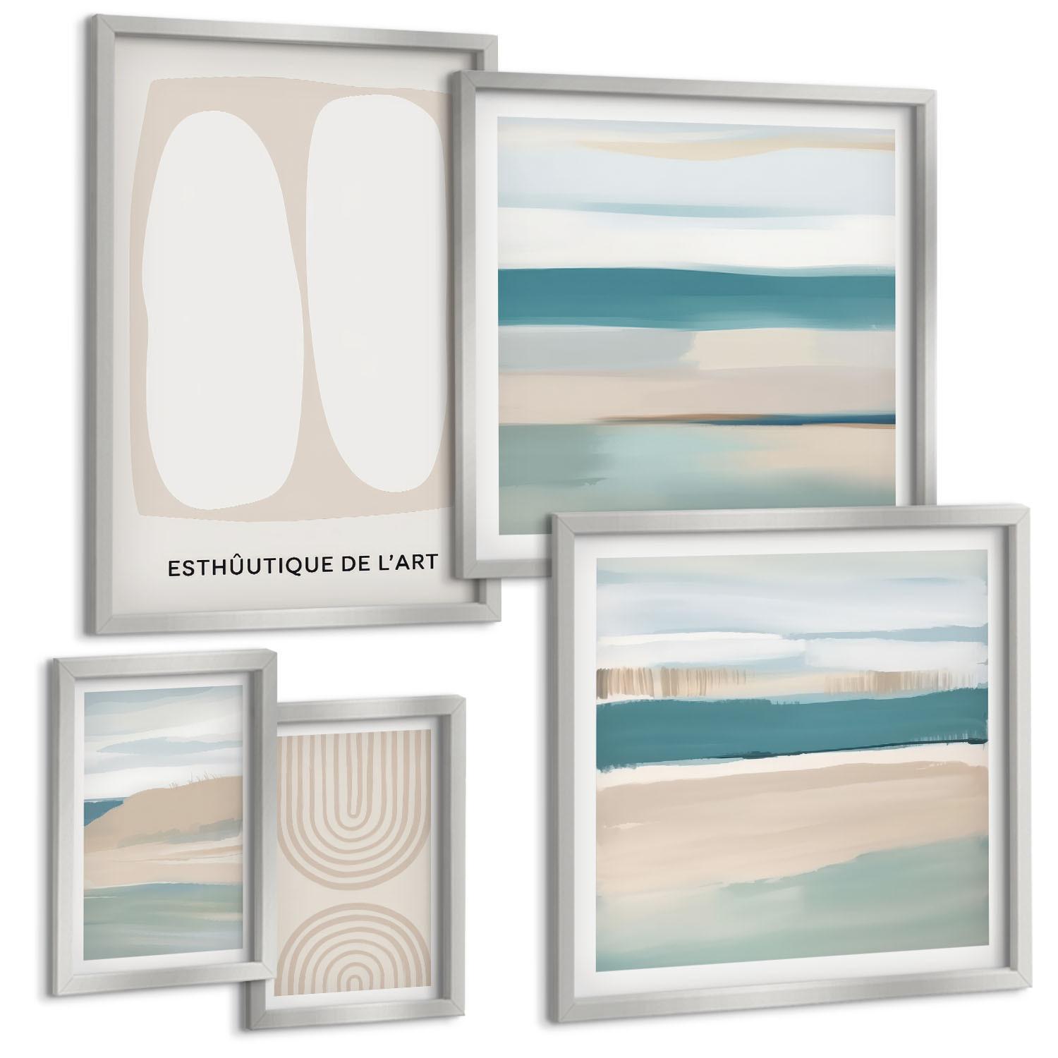 BILDER SET 5er Set - 50x50 cm & 20x30 cm & 40x60 cm Silberner Rahmen - Abstrakte blaue Landschaften - Silberfarben, Kunststoff (40/60cm) - TULUP