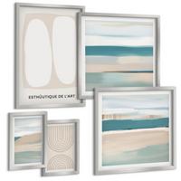 BILDER SET 5er Set - 50x50 cm & 20x30 cm & 40x60 cm Silberner Rahmen - Abstrakte blaue Landschaften - Silberfarben, Kunststoff (40/60cm) - TULUP