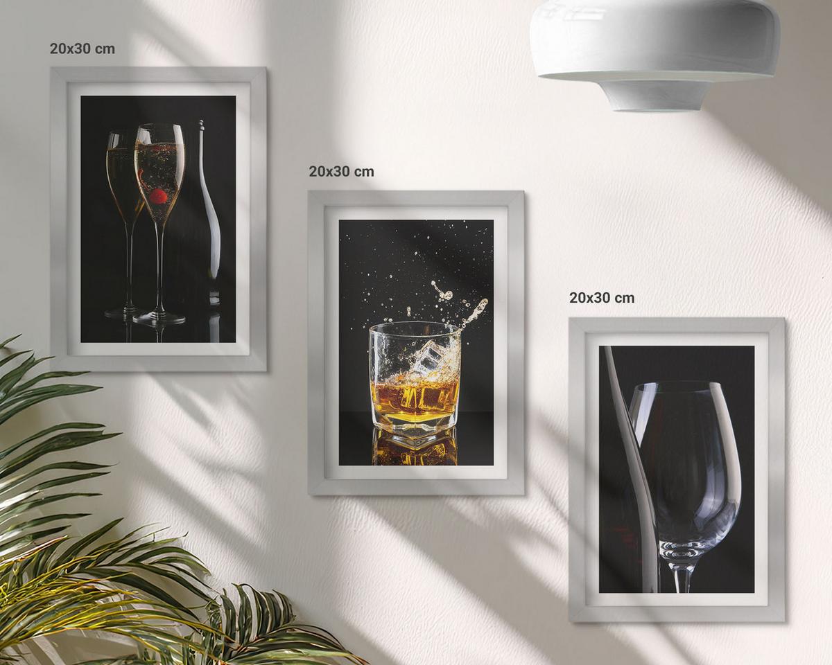 BILDER SET 3er Set - 20x30 cm Silberner Rahmen - Weingläser und Whiskygläser auf schwarzem Hintergrund - Silberfarben, Kunststoff (20/30cm) - TULUP