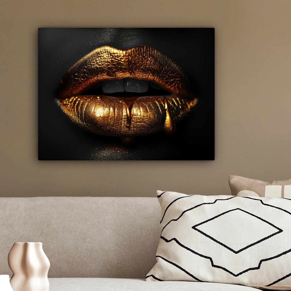 LEINWANDBILD Frau - Porträt - Lippen - Gold - Schwarz Wandbild 40x30 cm - Schwarz, Textil (40/30cm) - MuchoWow