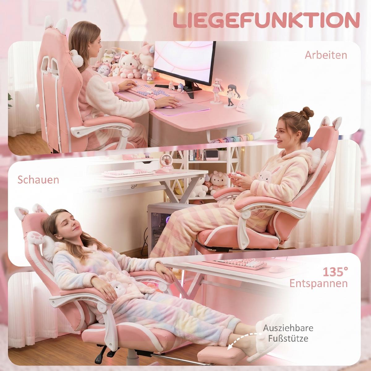 GAMING Stuhl Ergonomischer Gamer Stuhl mit Lendenwirbelstütze, Fußstütze Rosa - Rosa/Weiß, Leder/Kunststoff (62/124/65cm) - HOMCOM
