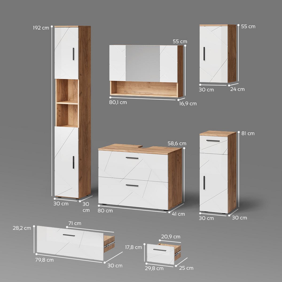 BADMÖBEL-SET Ronco Weiß Hochglanz/Goldkraft Eiche 5 Teile - Honigeiche/Weiß Hochglanz, Holzwerkstoff (80/58/41cm) - Livinity®