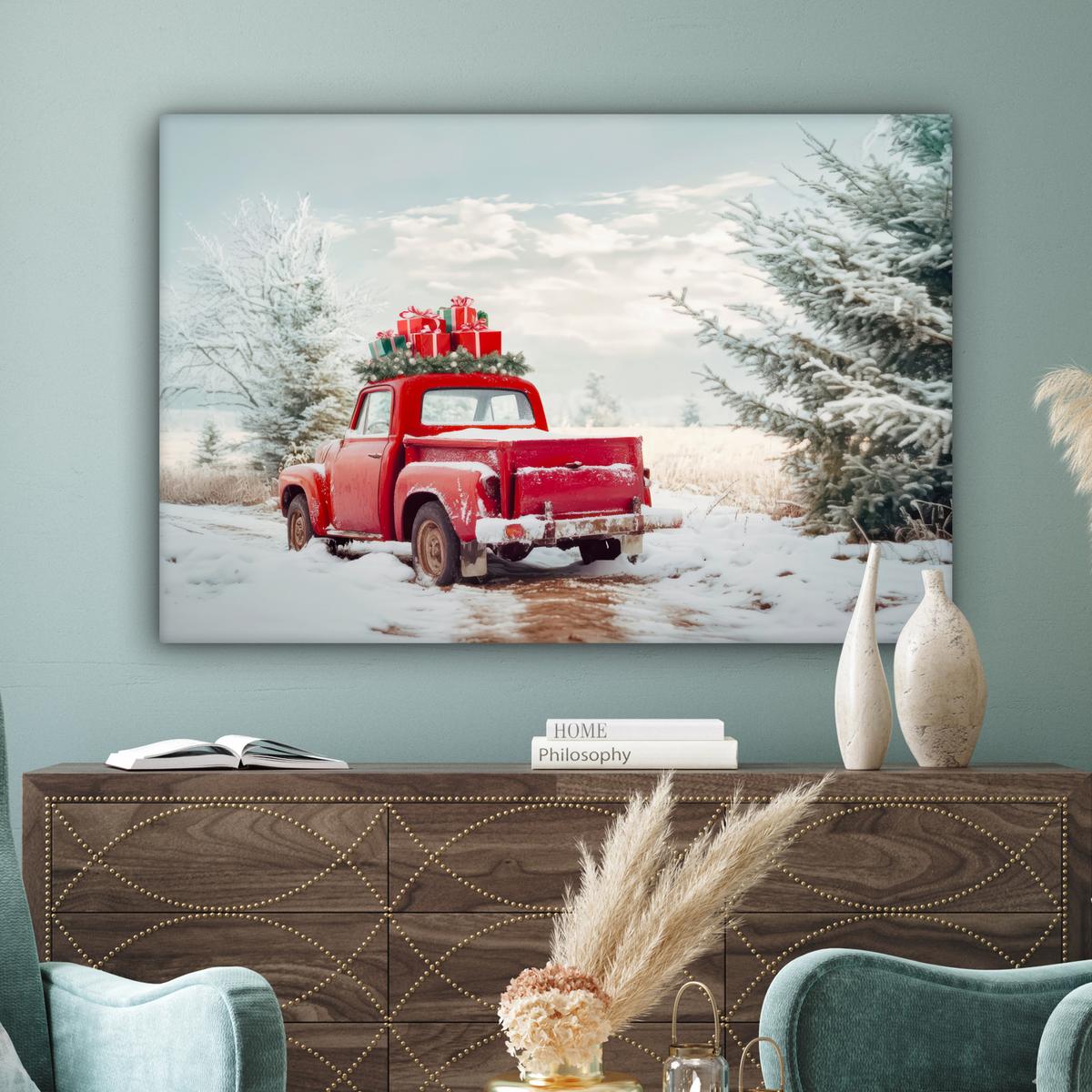 LEINWANDBILD Auto - Rot - Geschenke - Winter - Schnee - Weihnachten Groß 140x90 cm - Rot, Textil (140/90cm) - MuchoWow