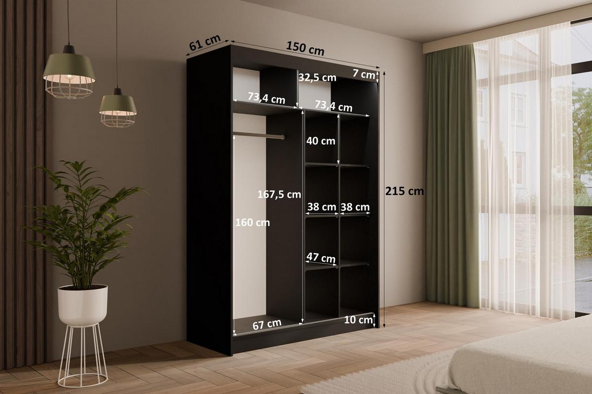 KLEIDERSCHRANK AMOHA mit LED - 150 cm - Schwarz - Schwarz, Holzwerkstoff (150/215/61cm) - ALTDECOR