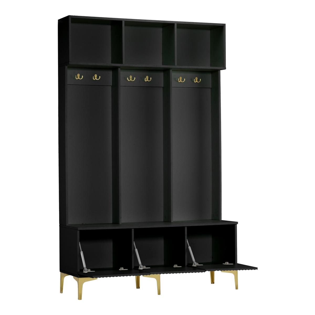 GARDEROBEN schwarz & gold, mit sitzbank und 6 haken - Schwarz, Holzwerkstoff (120/191/40cm) - Urban Meuble
