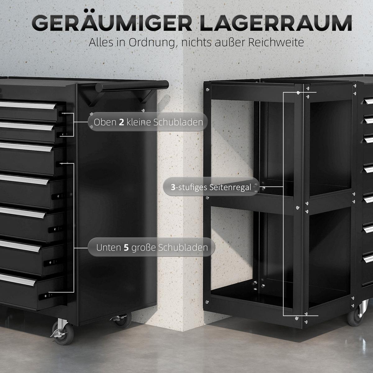 WERKSTATTWAGEN Werkzeugwagen mit 7 Schubladen abnehmbar Seitenregal Rollen - Schwarz, Metall (33.5/75/96cm) - HOMCOM