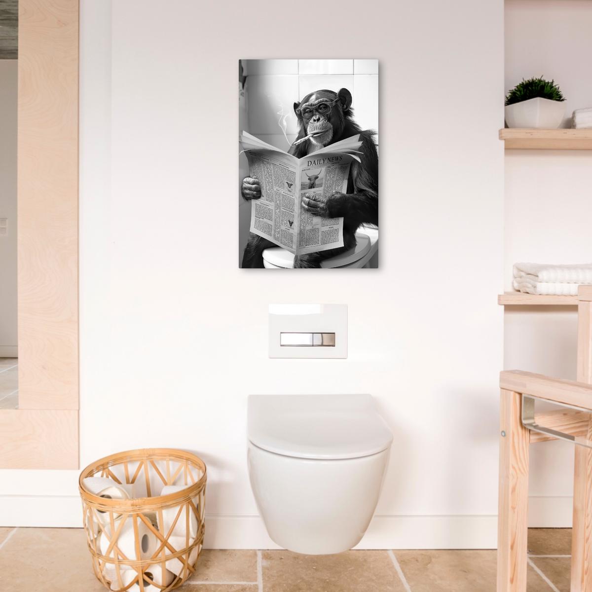 LEINWANDBILD Affe - WC - Zeitung - Schwarz-Weiß - Humor Wanddeko 40x60 cm - Hellgrau, Textil (40/60cm) - MuchoWow