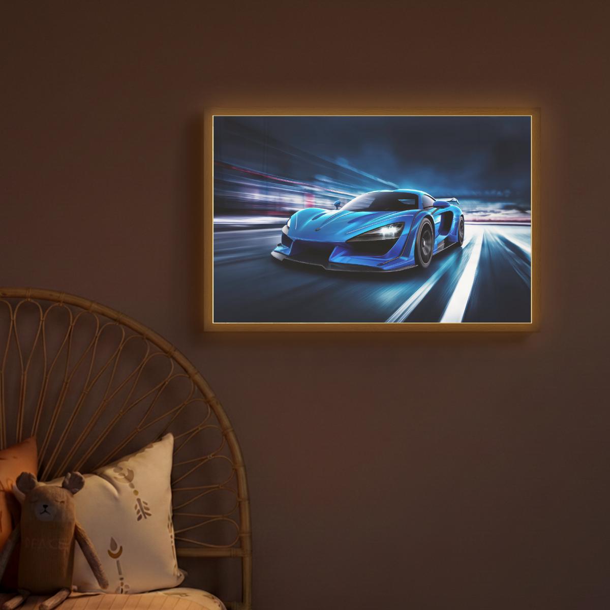 NACHTTISCHLAMPE MIT AKKU Auto - Blau - Jungen - Kind 60x40 cm - Blau, Holzwerkstoff (8/60/40cm) - OnlyWow