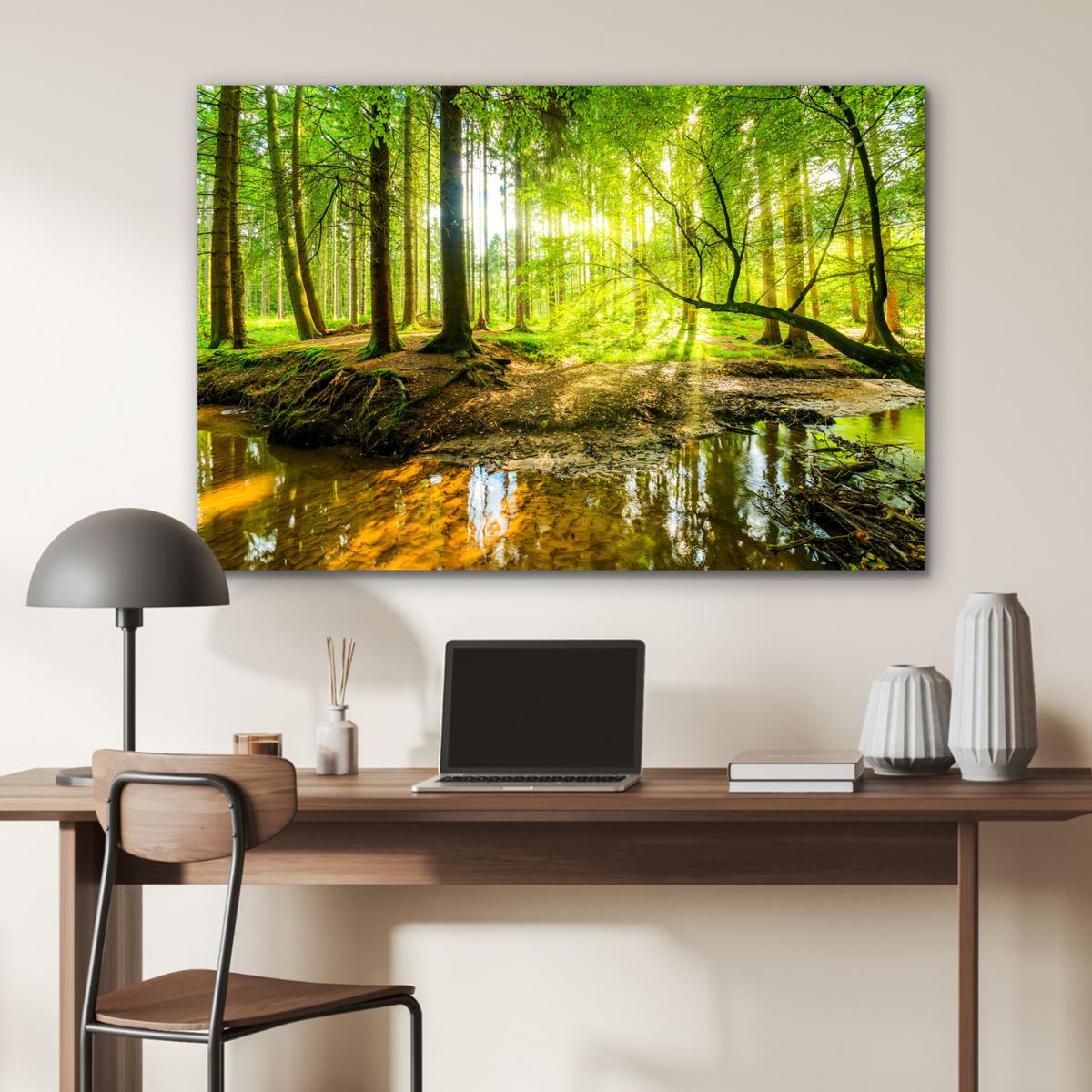 METALLBILD Wald - Landschaft - Wasser - Bäume - Sonne - Grün - Natur Wanddeko 90x60 cm - Grün, Metall (90/60cm) - MuchoWow