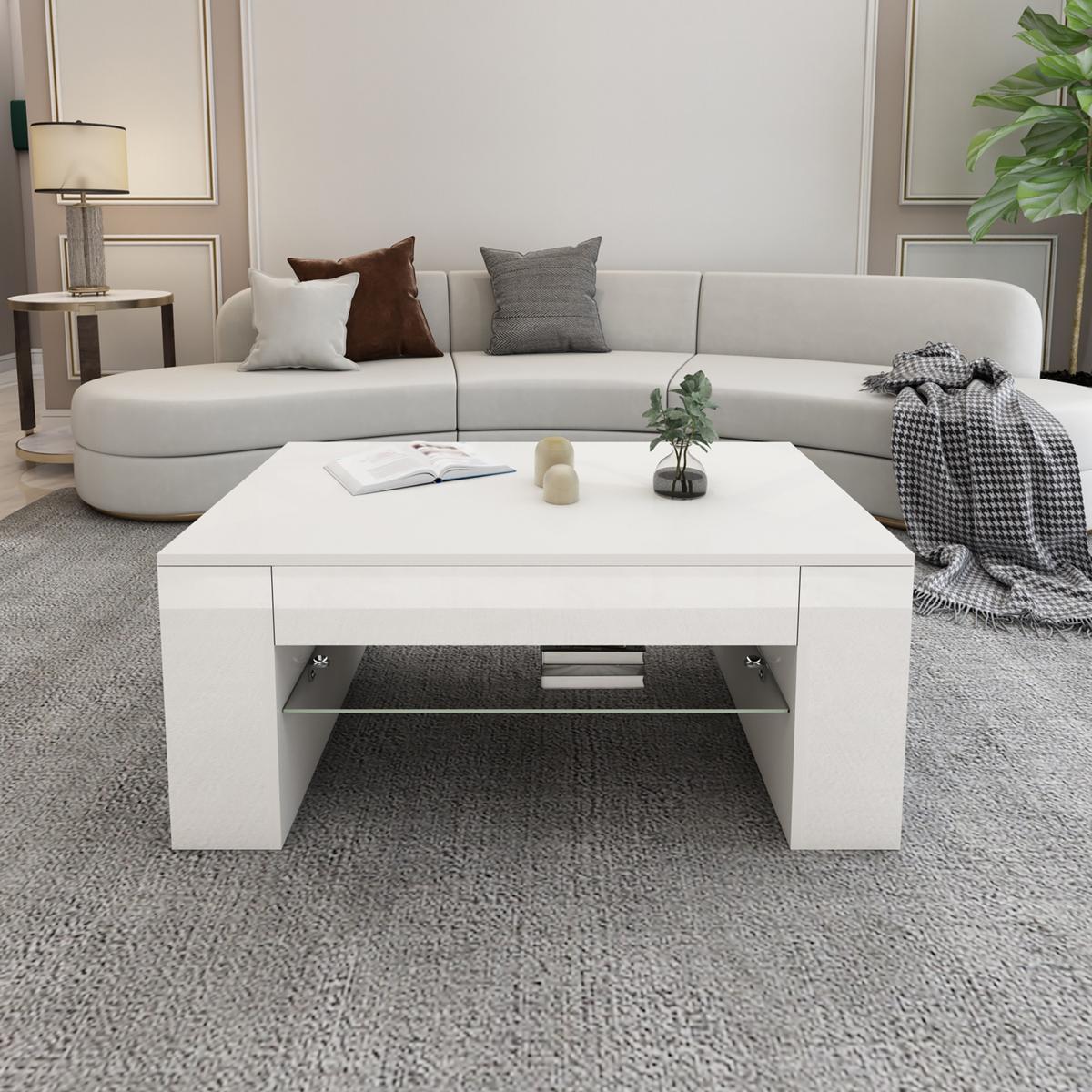 COUCHTISCH in hochglanz Weiß 100x42x60 cm aus Holz Glasablage - Weiß, Holzwerkstoff (60/100/42cm) - ML-DESIGN