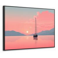 LEINWAND Bilder mit Rahmen - Segelboot - Rosa Meer - Sonnenuntergang - Berge - 100x70 - Rosa, Textil (100/70cm) - MuchoWow