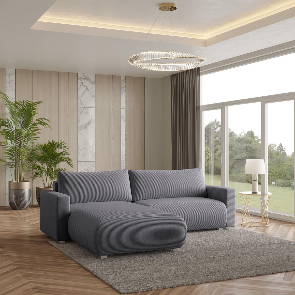ECKSOFA TURIN P Grau Kordstoff mit Schlaffunktion - Grau, Holz/Kunststoff (265/183cm) - MASSENO