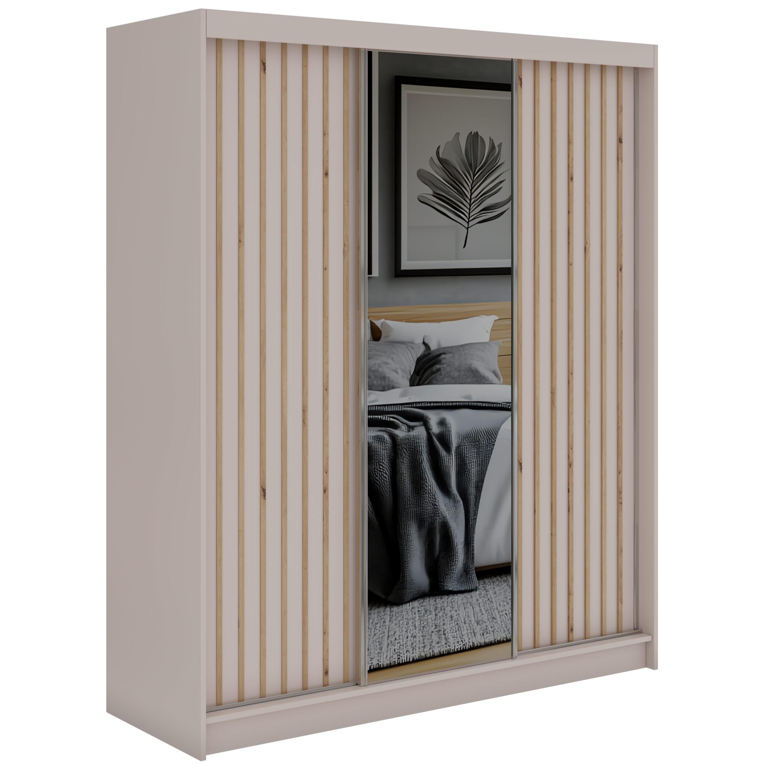 SCHWEBETÜRENSCHRANK mit Spiegel und Schubladen LAOS - 180 - Kaschmir - Eiche Artisan Lamellen - Kaschmir/Alufarben, Holzwerkstoff/Metall (180/216/61cm) - MKS