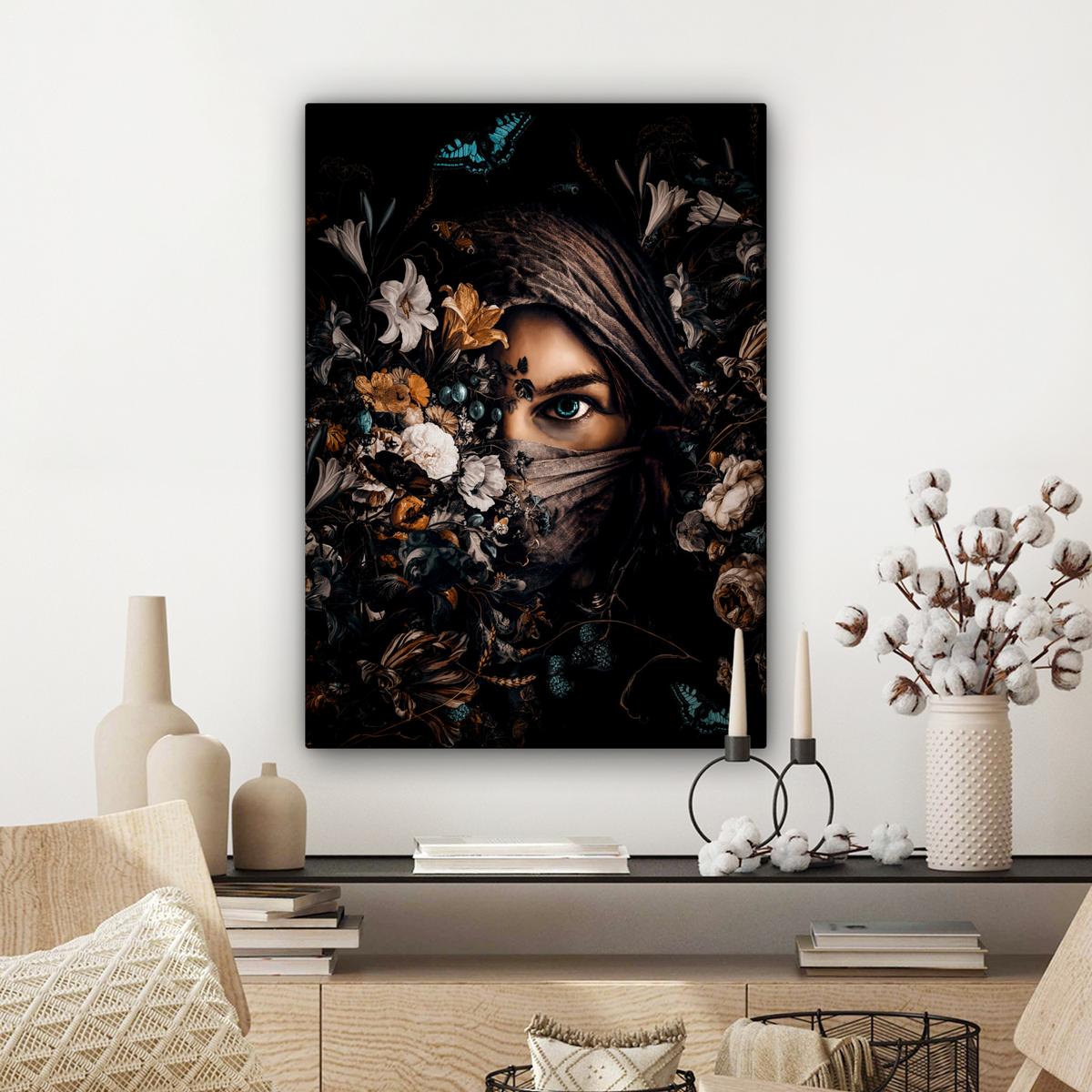 LEINWANDBILD Frau - Luxus - Blumen - Schmetterling - Porträt Wandbild Wohnzimmer 60x80 cm - Schwarz, Textil (60/80cm) - MuchoWow
