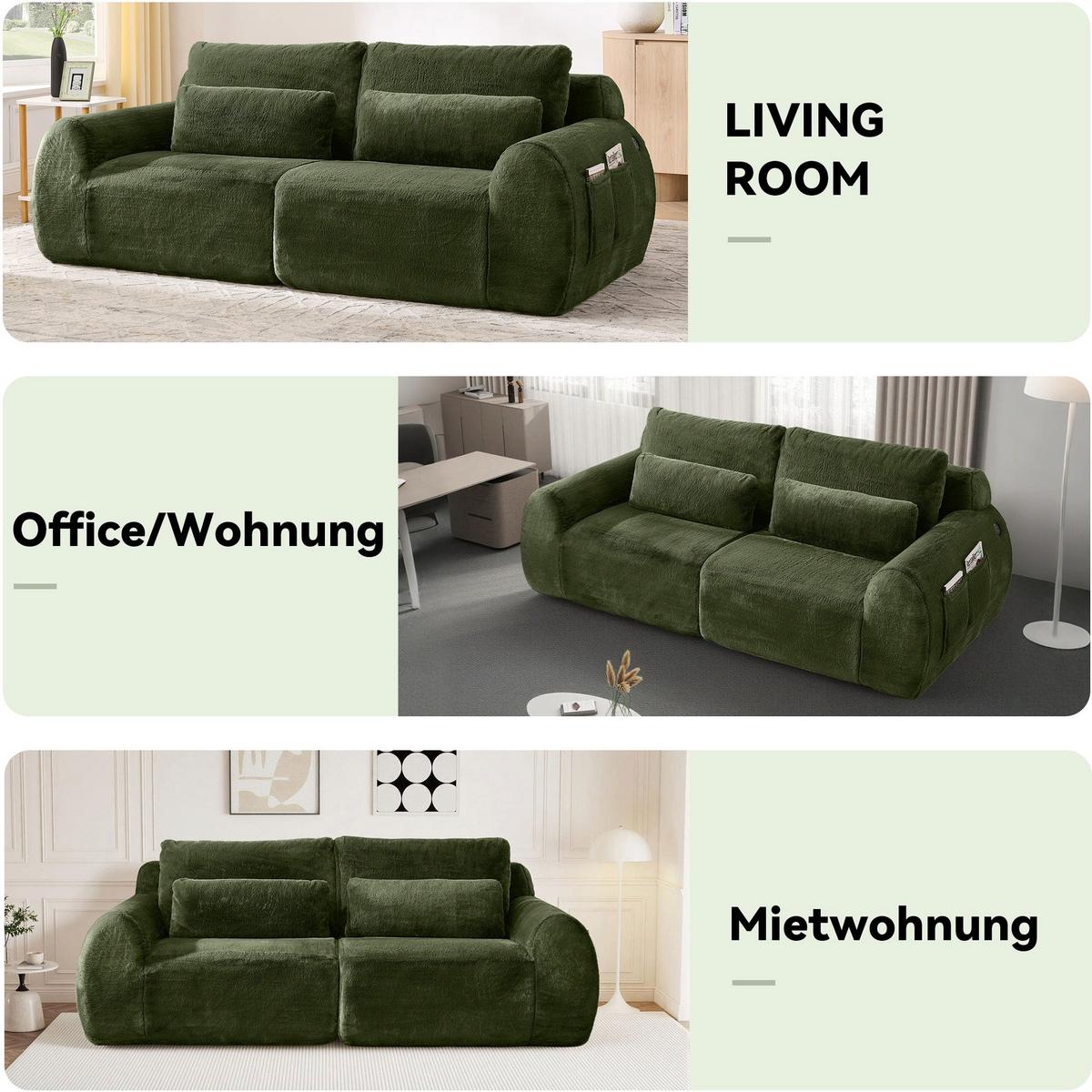 2-SITZER SOFA in Grün aus Kunstfell mit USB-Anschluss & Magazintasche - Grün, Textil (101/81/208cm) - Urban Meuble