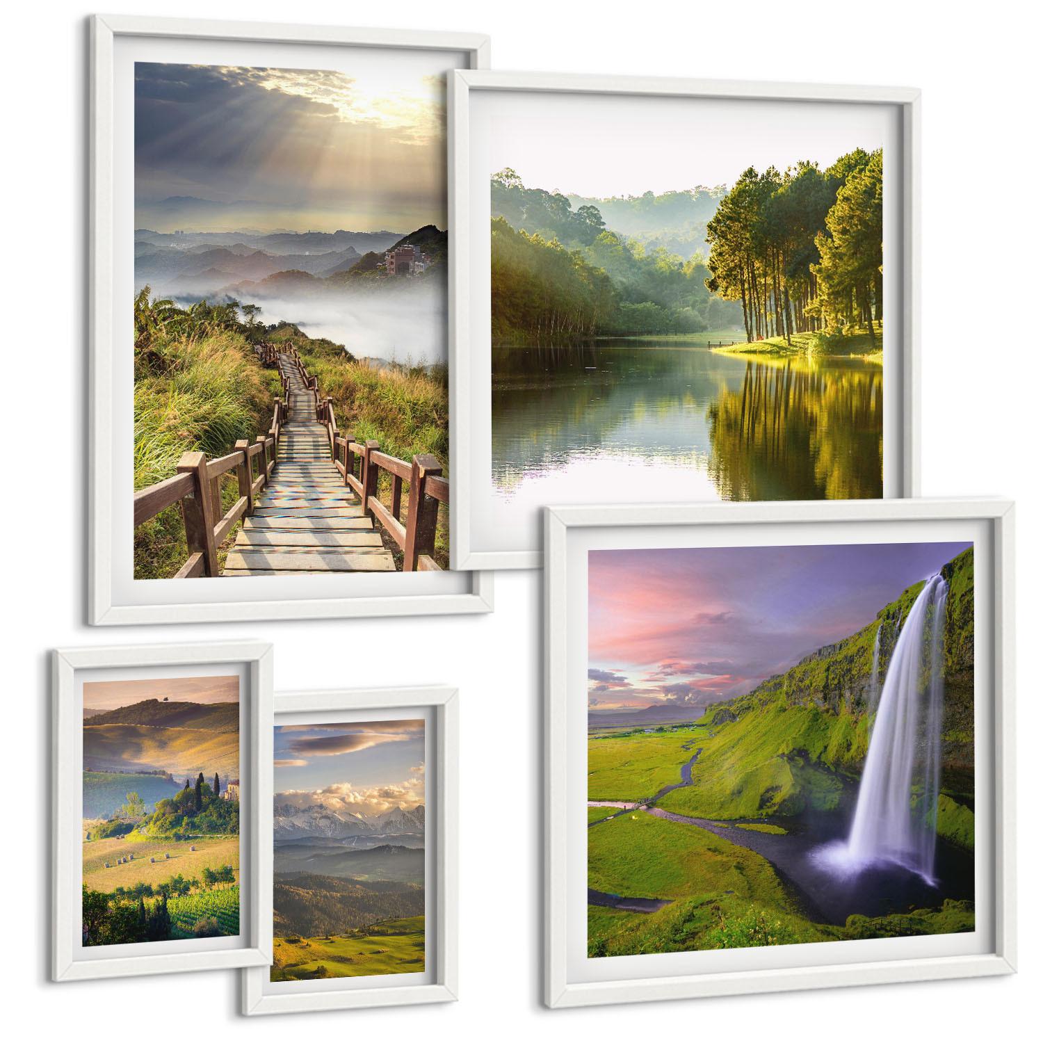 BILDER SET 5er Set - 50x50 cm & 20x30 cm & 40x60 cm Weißer Rahmen - Aquarell von grünen tropischen Blättern - Weiß, Kunststoff (40/60cm) - TULUP