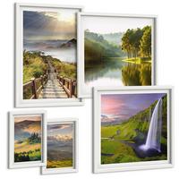 BILDER SET 5er Set - 50x50 cm & 20x30 cm & 40x60 cm Weißer Rahmen - Aquarell von grünen tropischen Blättern - Weiß, Kunststoff (40/60cm) - TULUP
