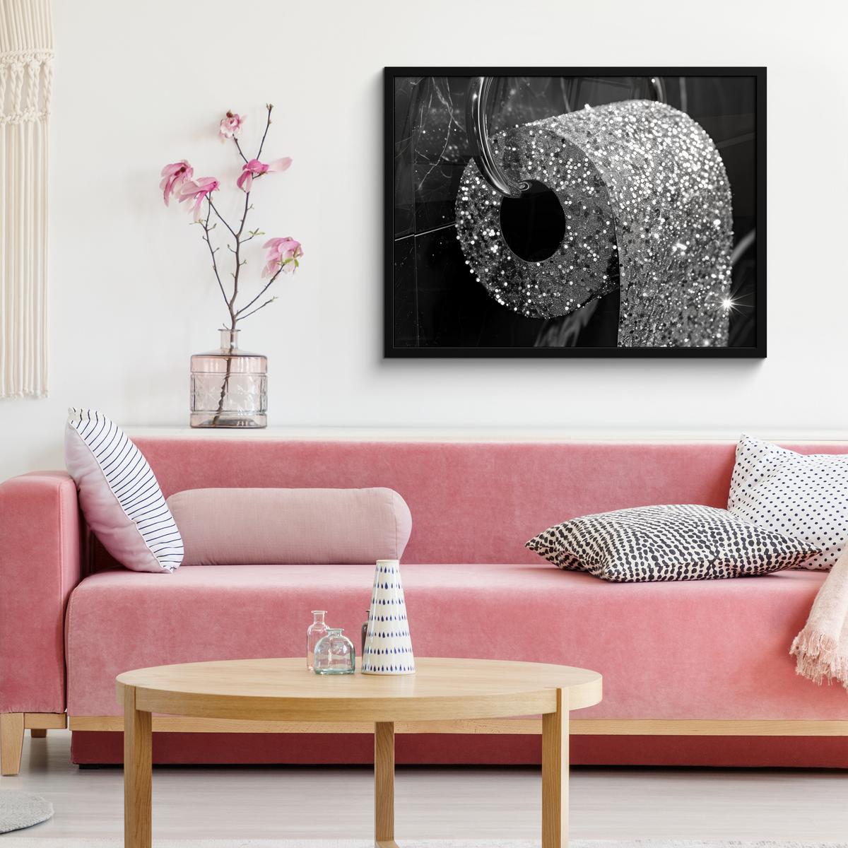 POSTER MIT RAHMENGERAHMTES BILD WC - Toilettenpapier - Schwarz und weiß - Glitter 80x60 cm - Silberfarben, Papier (80/60cm) - MuchoWow