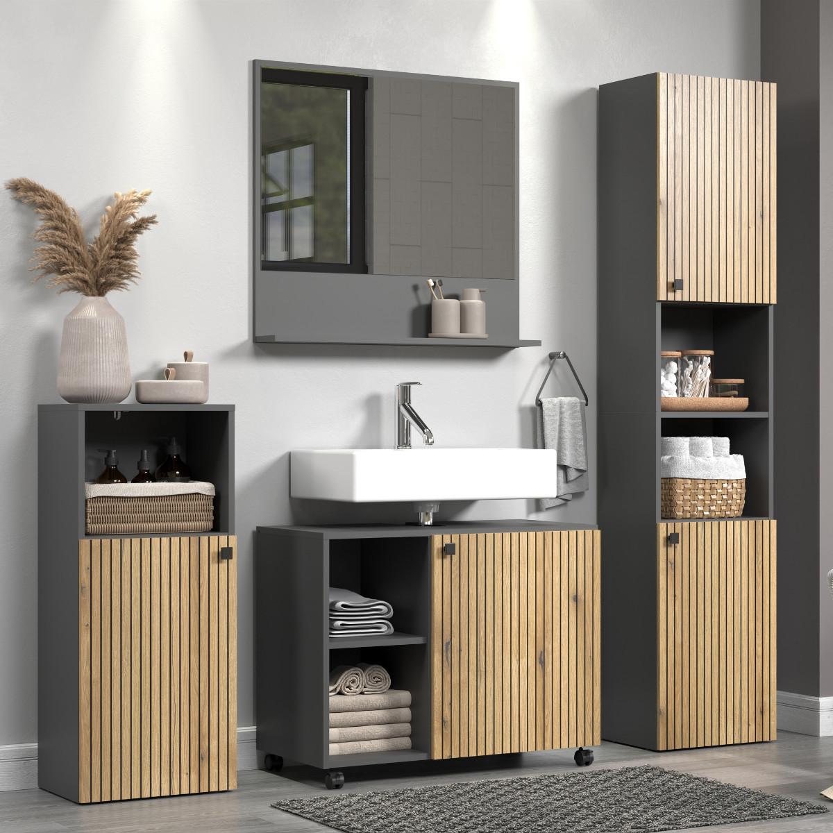 BADEZIMMERSÄULE mit Rillen, 2 Türen und 2 Fächern - purebliss 112/15/44,5 cm - Eichefarben, Holzwerkstoff (40/186/31cm) - Trendteam