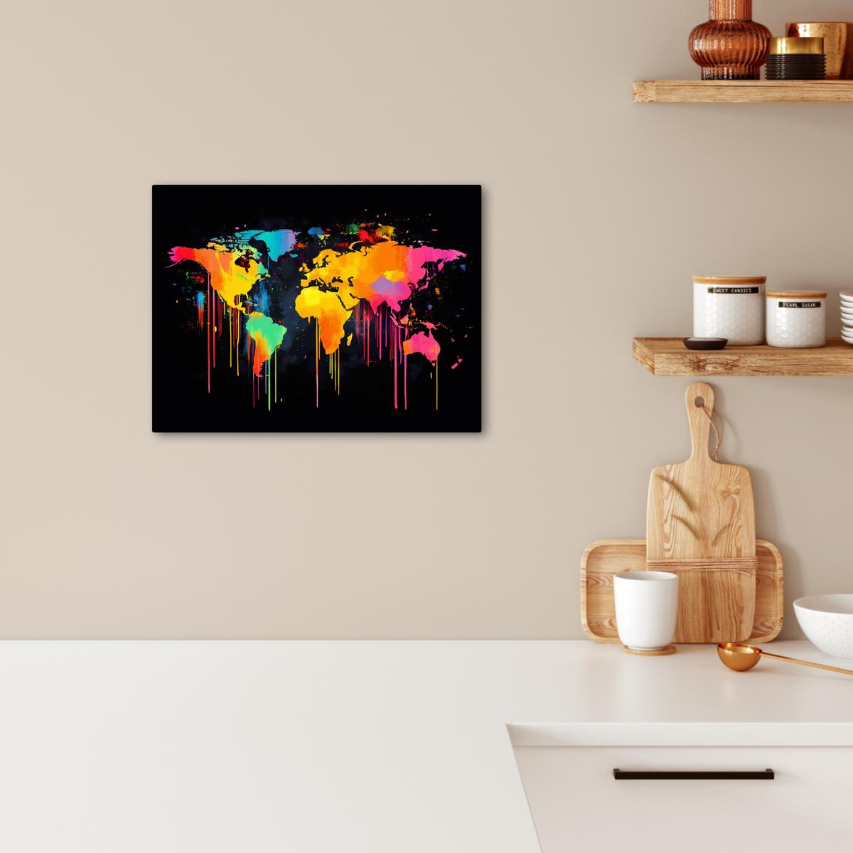 LEINWANDBILD Weltkarte - Farbe - Bunt - Graffiti - Welt Wandbild 40x30 cm - Multicolor, Textil (40/30cm) - MuchoWow