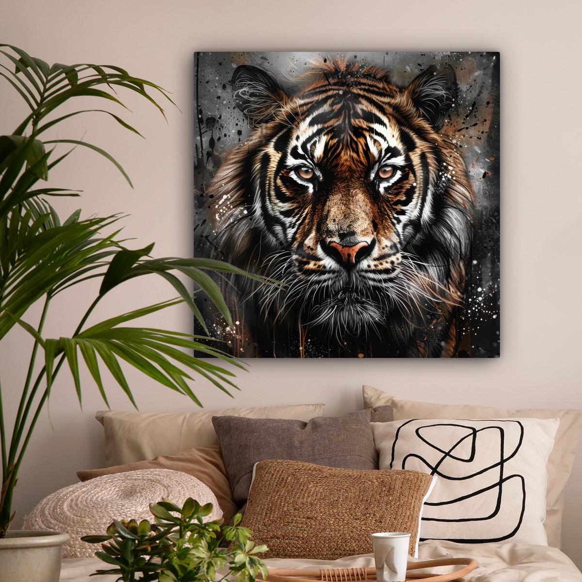 LEINWANDBILD Tiger - Tiere - Porträt - Luxus - Schwarz Deko Groß 90x90 cm - Anthrazit, Textil (90/90cm) - MuchoWow