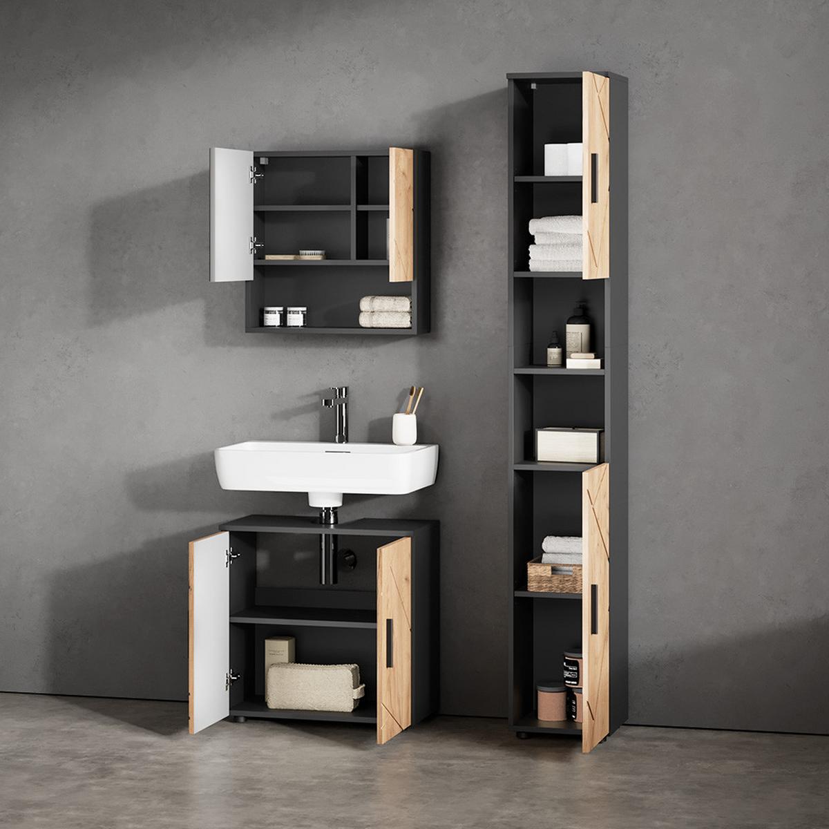 BADMÖBEL-SET Ronco Goldkraft Eiche/Anthrazit 2 Teile, Unterschrank 60 cm - Honigeiche/Anthrazit, Holzwerkstoff (60/59/30cm) - Livinity®