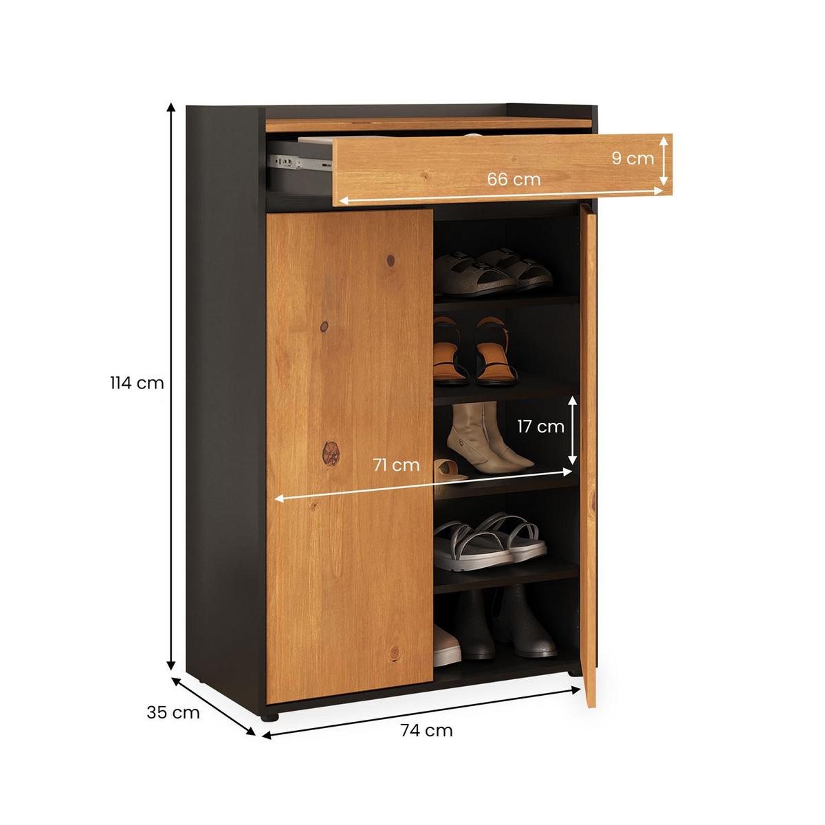 SCHUHSCHRANK TILO schwarz/Eiche - Eichefarben/Schwarz, Holz (74/114/35cm) - IDIMEX