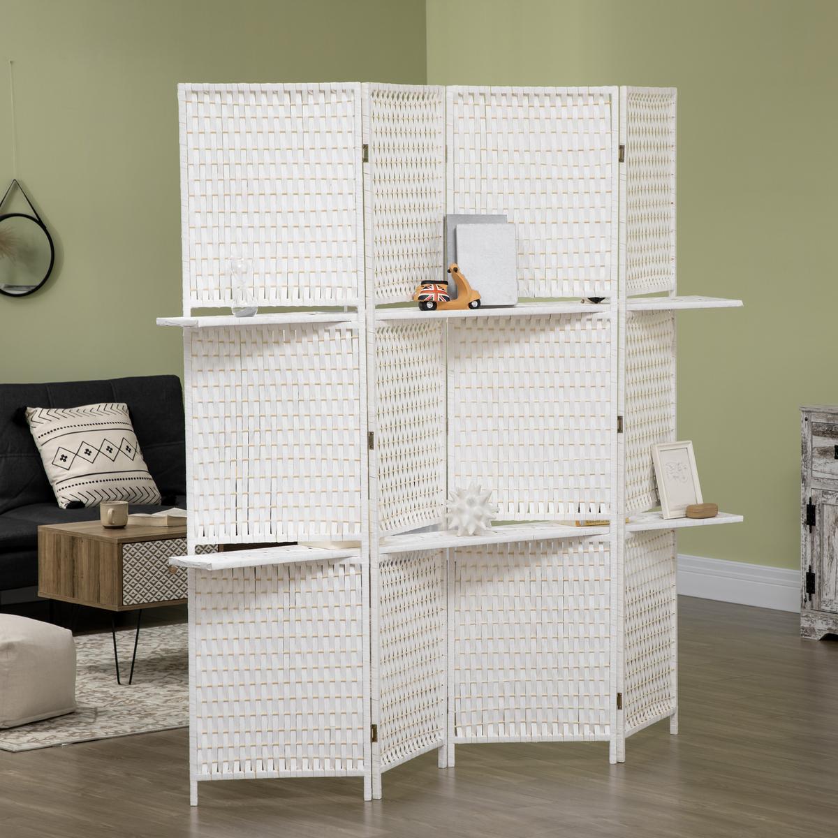 PARAVENT 4-teilig aus Papierfaser Weiß - Weiß, Holz (1.6/180cm) - HOMCOM