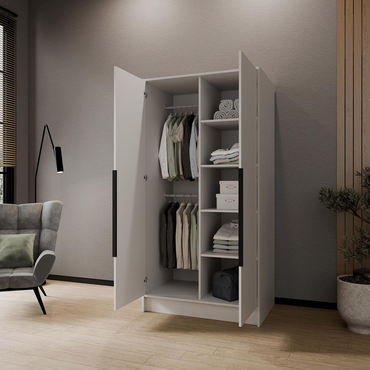 DREHTÜRENSCHRANK Laro mit Spiegel, Weiß mit mit schwarzen Griffen, 100 cm - Weiß, Holzwerkstoff (100/200/51cm) - Beautysofa
