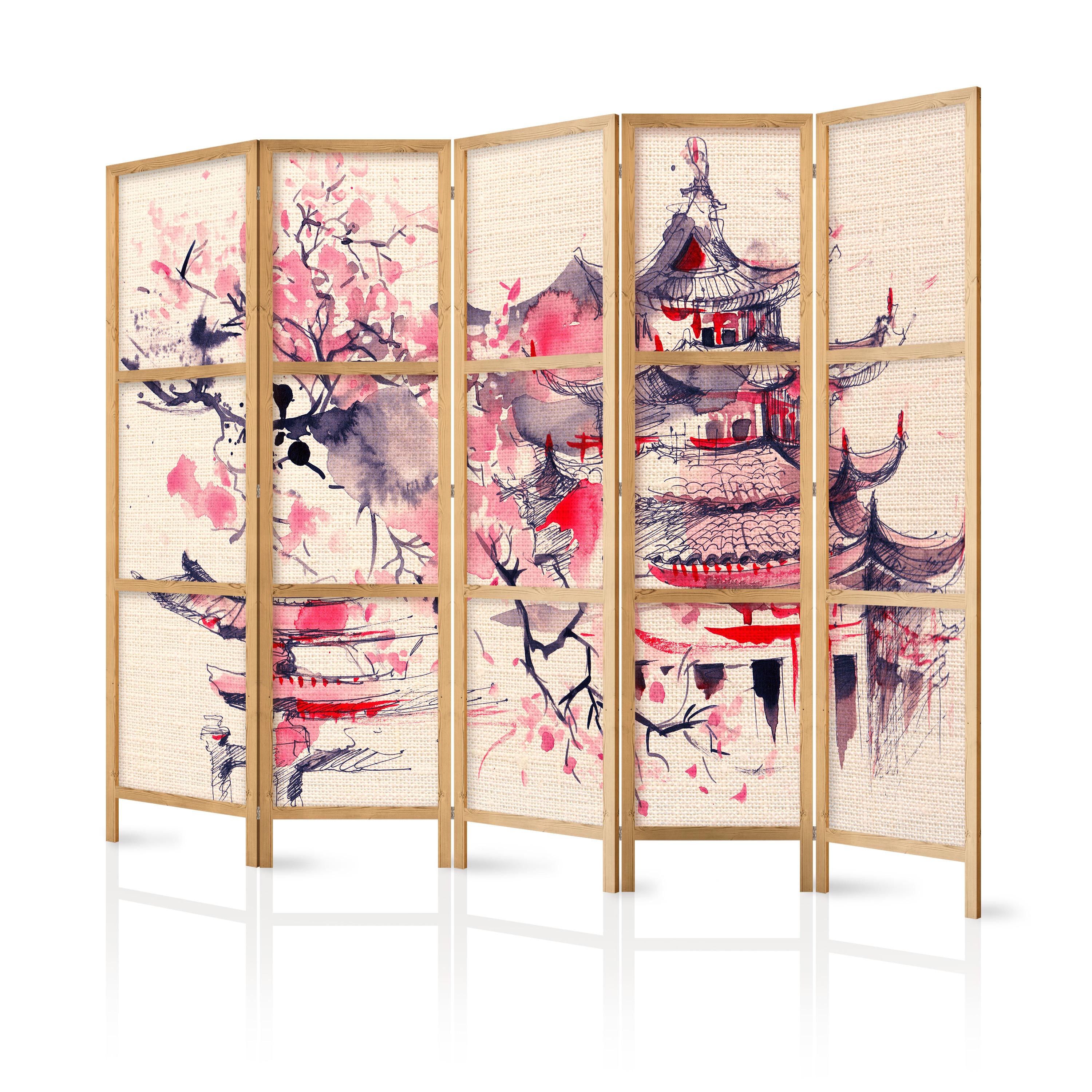 PARAVENT Japanischer 5-tlg 225x172 cm Bemalter Tempel - Rosa, Holz/Textil (225/172/3cm) - Muralo