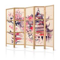 PARAVENT Japanischer 5-tlg 225x172 cm Bemalter Tempel - Rosa, Holz/Textil (225/172/3cm) - Muralo