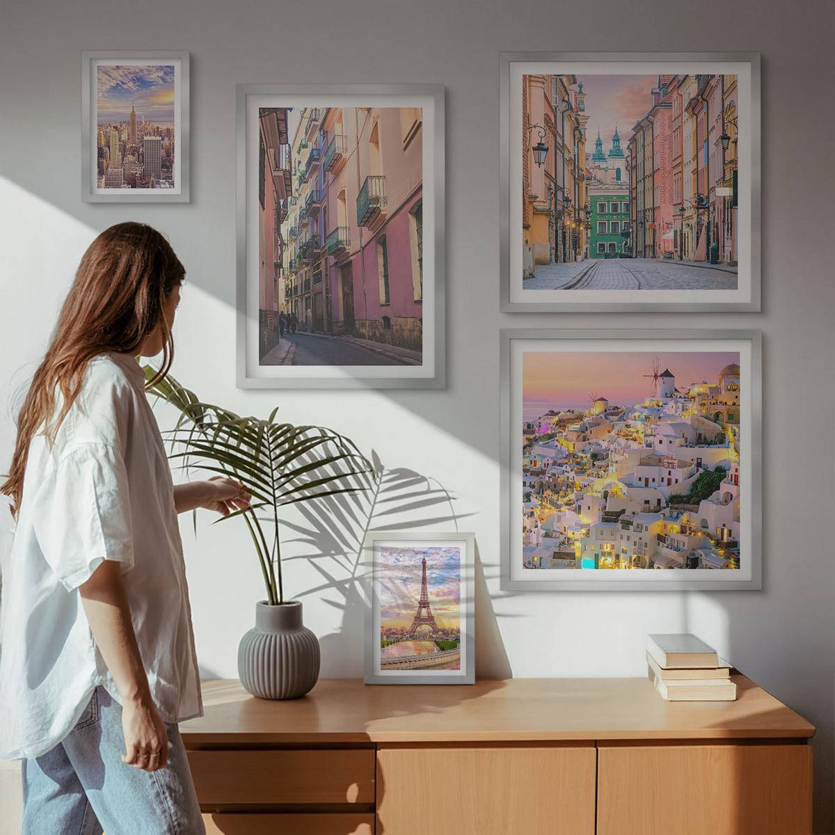 BILDER SET 5er Set - 50x50 cm & 20x30 cm & 40x60 cm Silberner Rahmen - New York Paris Oia Warschau Dämmerung - Silberfarben, Kunststoff (40/60cm) - TULUP