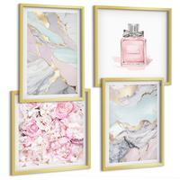 BILDER SET 4er Set - 50x50 cm & 40x60 cm Goldrahmen - Rosa Blumen Marmor Pastell - Goldfarben, Kunststoff (50/50cm) - TULUP